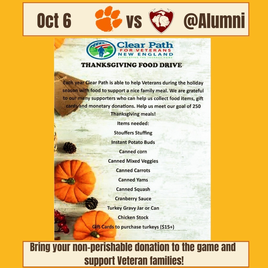 Please bring non perishable food items to donate at the game